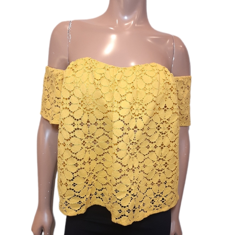 Lovers + Friends Strapless Floral Lace Top Sheer Draped Short Sleeve Size XXS